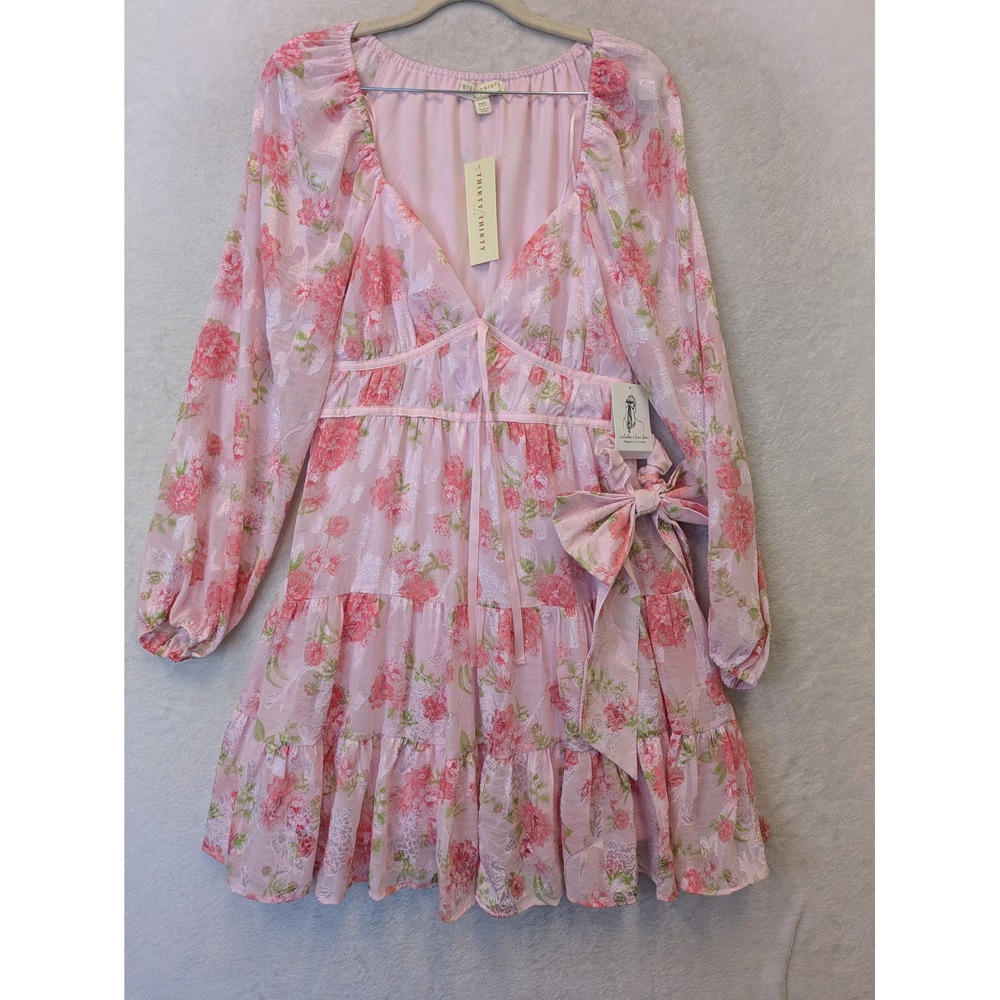 Thirty Thirty LA Pink Floral Tiered Mini Dress Long Sleeve Coquette